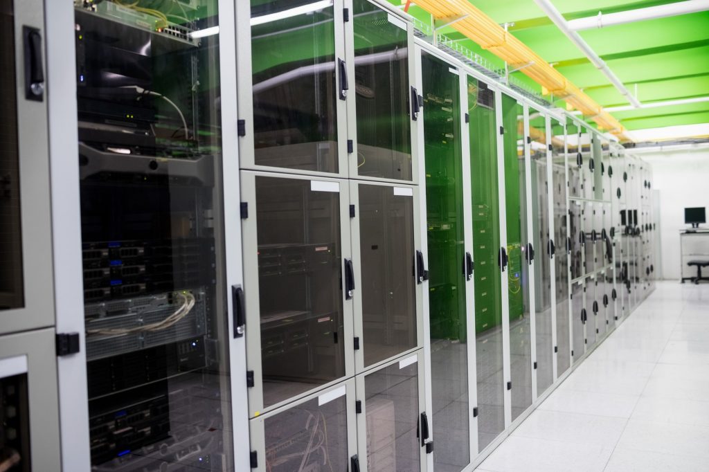 Hallway with a row of servers